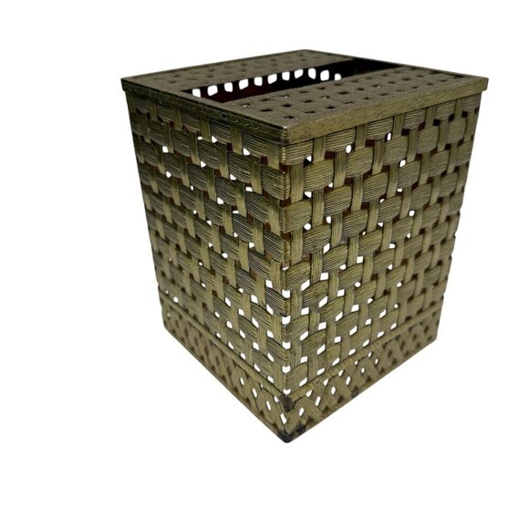 Vintage Tissue Box Holder Stylebuilt Metal Basketweave Goldtone Bath Accessory - Picture 6 of 9